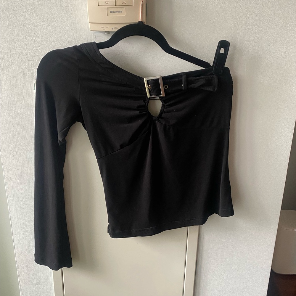 FINAL SALE - Vintage Black Asymmetrical Cut-Out Long Sleeve Top